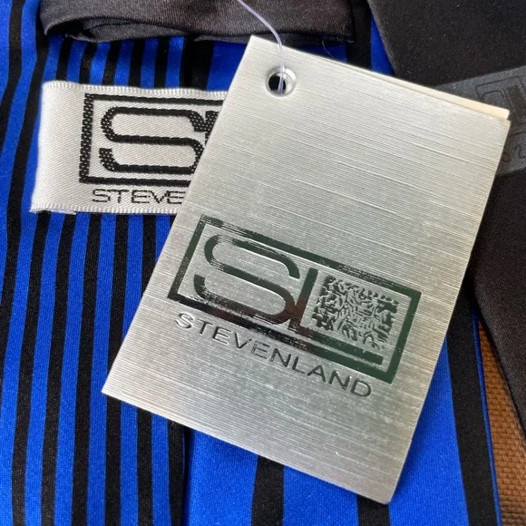 Steven Land Luxury Blue and Black Vertical Striped 100% Silk Tie - Picture 5 of 7